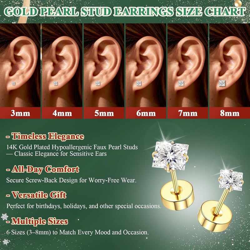 davka 7 Pairs 20G Flat Back Stud Earrings for Women Men Hypoallergenic 14K Gold Plated Surgical Steel Stack Cartilage Earrings for Multiple Piercing Sensitive Ears Bonus Plum Blossom FlatBack Studs CZ 2-8mm - Image 5